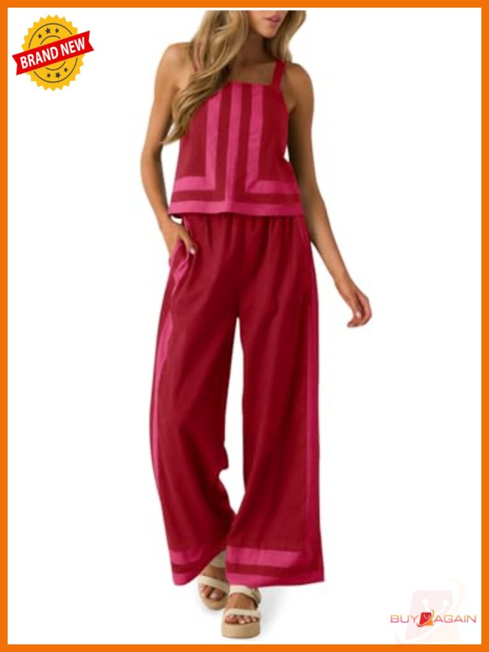 Women's 2 Piece Lounge Set Sleeveless Cami Top Wide Leg Pants Set for Summer